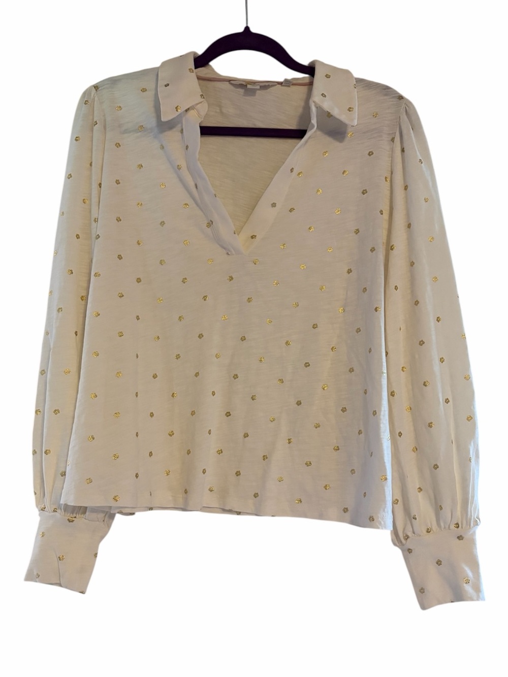Boden Cream Gold Foil Floral V-Neck Blouse Long Blouson Sleeve Top Sz 14 (Large)